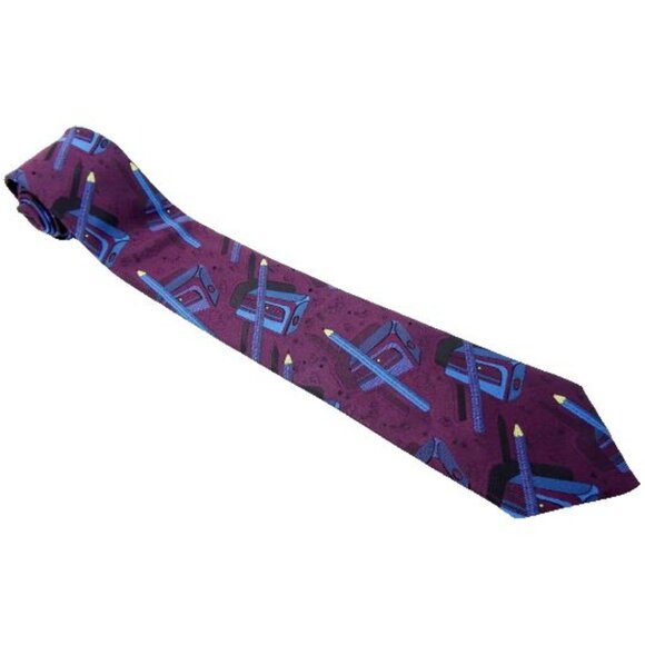 Back To School Teacher Tie Maroon Blue Pencil Vintage Necktie - Picture 4 of 4